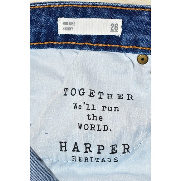 Harper Heritage Mid Rise Destructed Skinny Jeans Raw Hem Size 28 Medium Wash - Picture 13 of 14